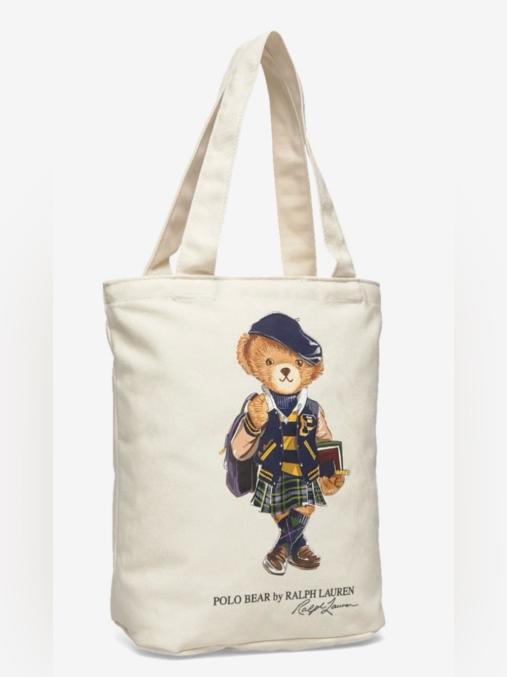 Polo Ralph Lauren Natural GIRL BACK TO SCHOOL BEAR 13.0” Canvas Zip Top Tote Bag